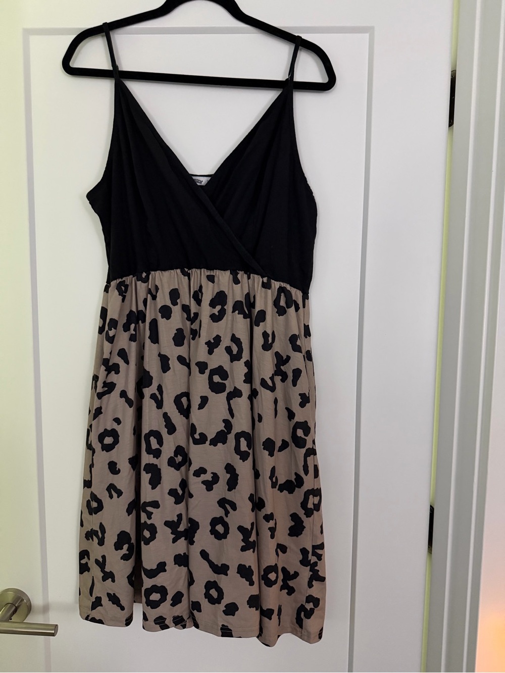 Black & Taupe Leopard-Print Spaghetti Strap Mini Dress